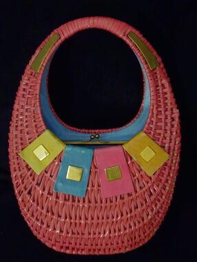 Koret Vintage 1950 Pink Woven Rattan Statement Purse-Kisslock Multi-Color Accent